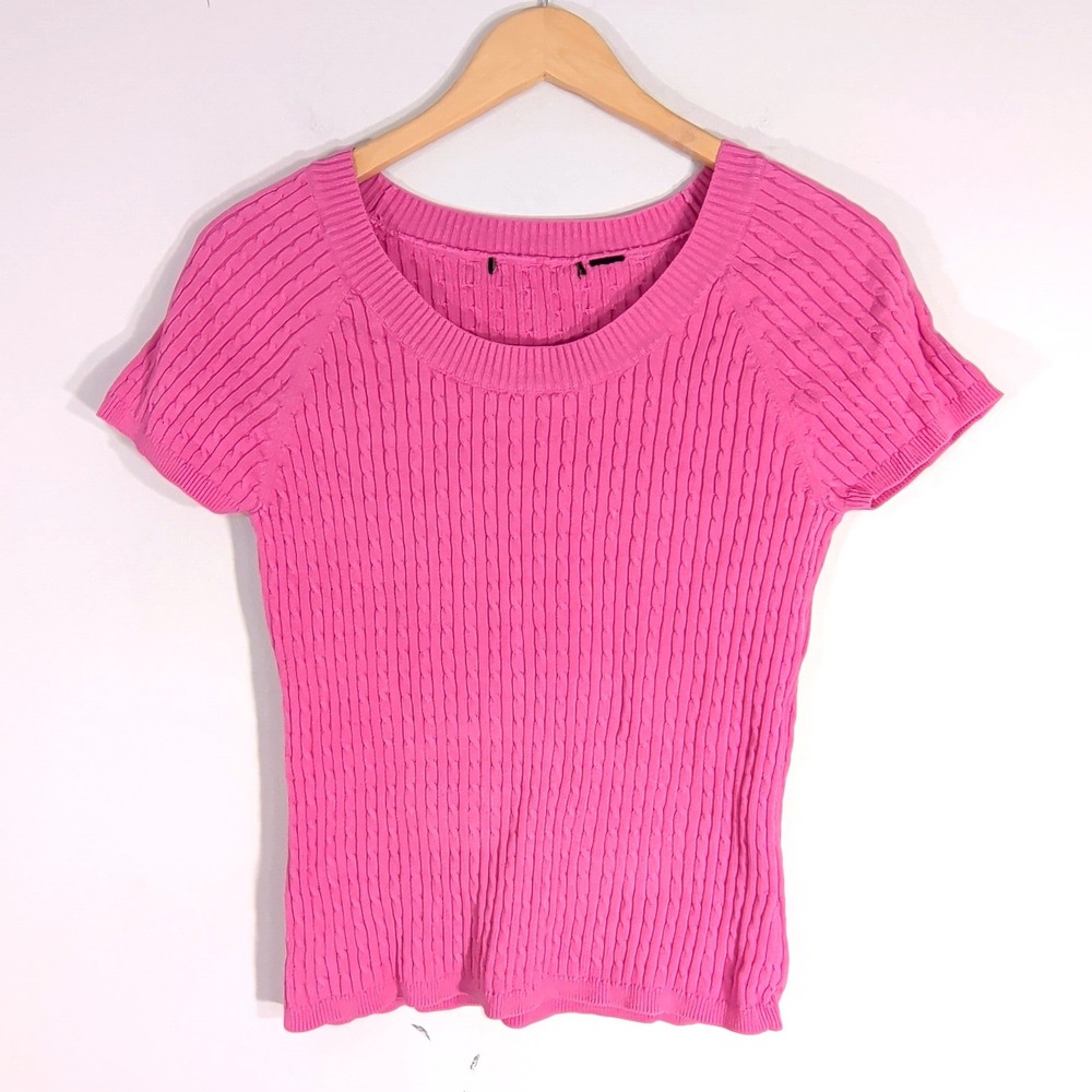 Jeanne Pierre Pink Cable Knit Sweater; Short Sleeve Scoop Neck Cotton Knit Top